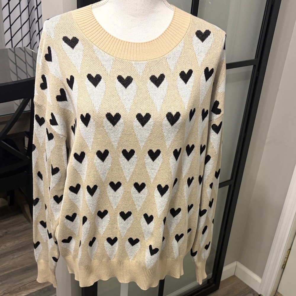 New With Tags…Boutique Geometric Hearts Ribbed Detail Sweater…Size Medium